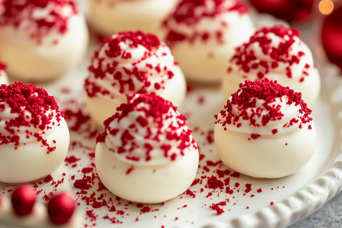 No-bake red velvet cheesecake bites dipped in white chocolate and topped with red velvet crumbs, perfect for holidays or parties.