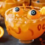 Bright orange Halloween punch with spooky garnishes like gummy worms, citrus slices, and Halloween-themed ice cubes, perfect for parties