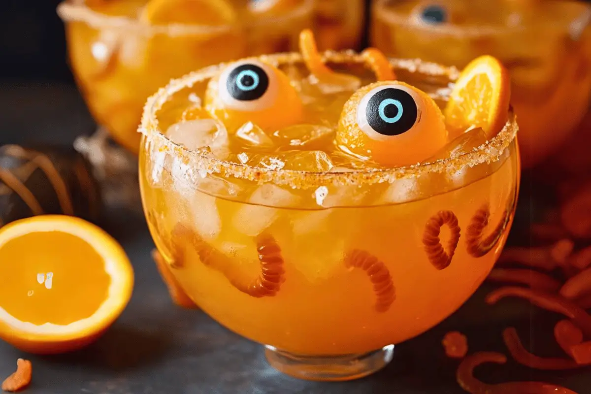 Bright orange Halloween punch with spooky garnishes like gummy worms, citrus slices, and Halloween-themed ice cubes, perfect for parties