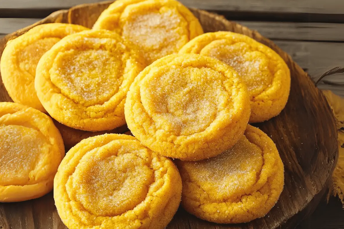 Soft batch pumpkin sugar cookies dusted with cinnamon sugar, served on a plate as a cozy fall dessert.