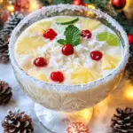 A frosty white Christmas punch garnished with cranberries, rosemary sprigs, and coconut flakes, served in festive holiday glasses.