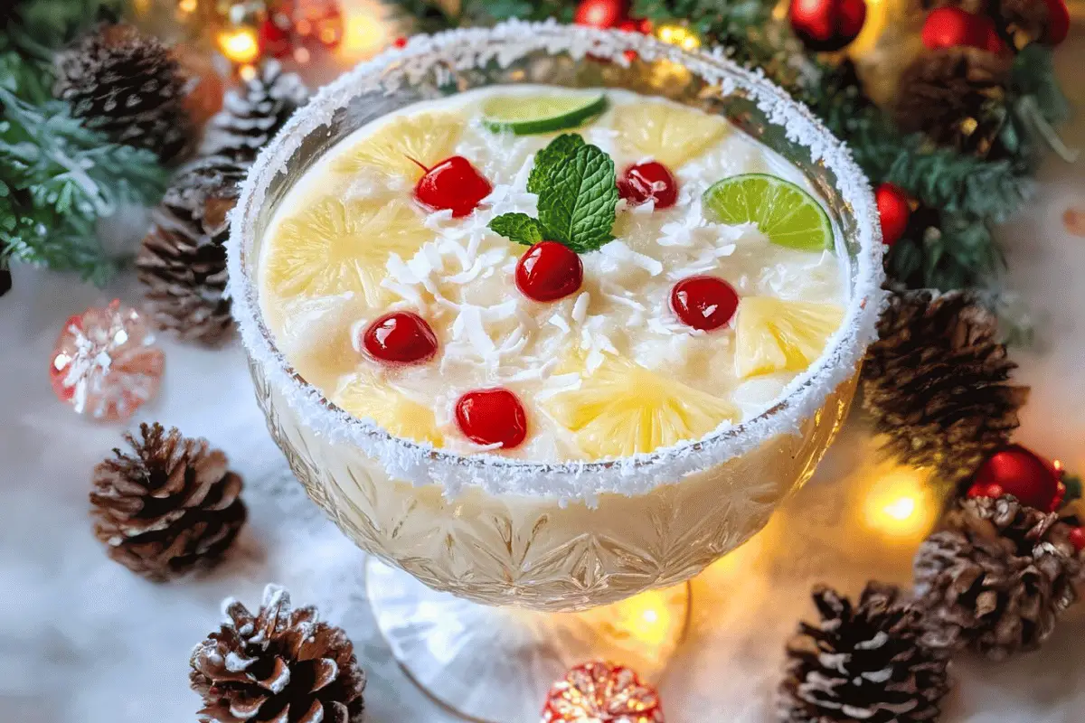 A frosty white Christmas punch garnished with cranberries, rosemary sprigs, and coconut flakes, served in festive holiday glasses.