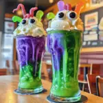 A spooky Witch’s Brew Ice Cream Float with green soda, vanilla ice cream, gummy worms, and candy eyeballs, perfect for Halloween parties.