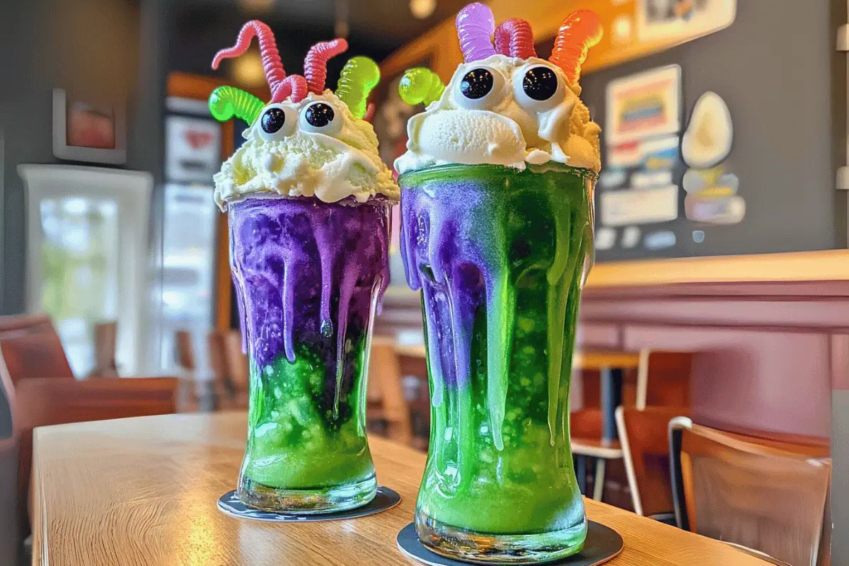 A spooky Witch’s Brew Ice Cream Float with green soda, vanilla ice cream, gummy worms, and candy eyeballs, perfect for Halloween parties.